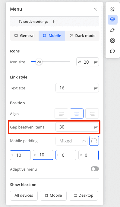 Change the gap between menu items for mobile mode