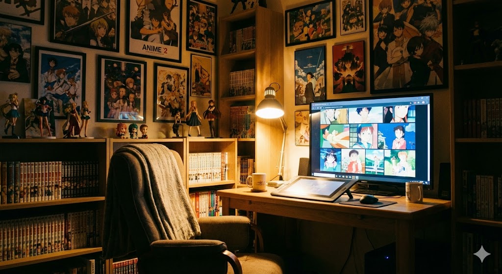 Уютная комната поклонника аниме с коллекцией манги и фигурок на полках