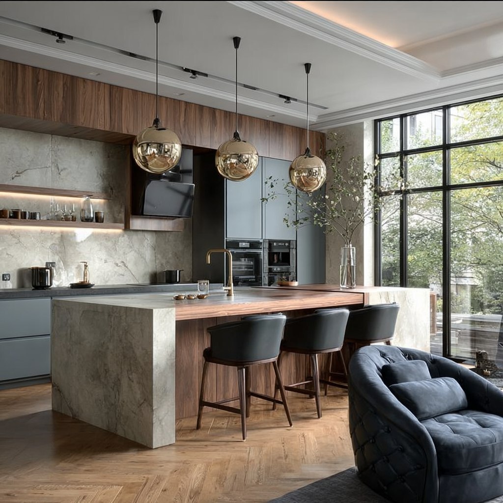 Уютная кухня с натуральными материалами и мягкой подсветкой