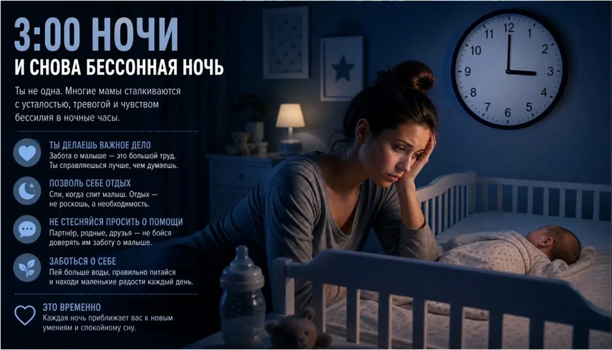 уставшая молодая мама сидит у кроватки с новорождённым поздно ночью, на лице усталость и тревога, на заднем плане видны часы, показывающие 3 часа ночи