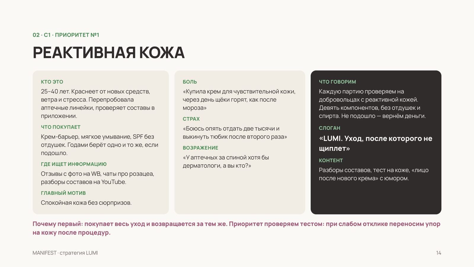 Карточка сегмента аудитории: кто это, боль, страх, что говорит, где ищет информацию — пример из демо-стратегии MANIFEST для вымышленного бренда