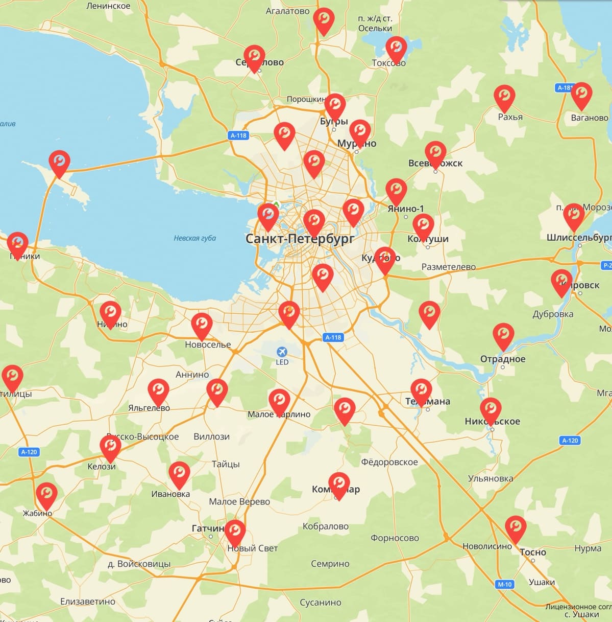 Карта выездов мастеров в Санкт-Петербурге и Ленинградской области