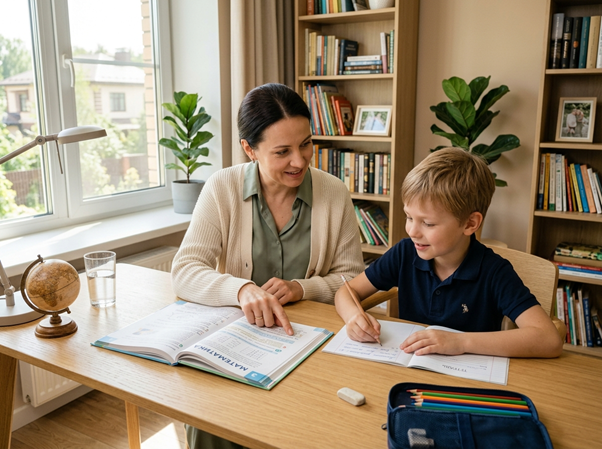 женщина и ребёнок сидят а столом, ребёнок делает домашнее задание