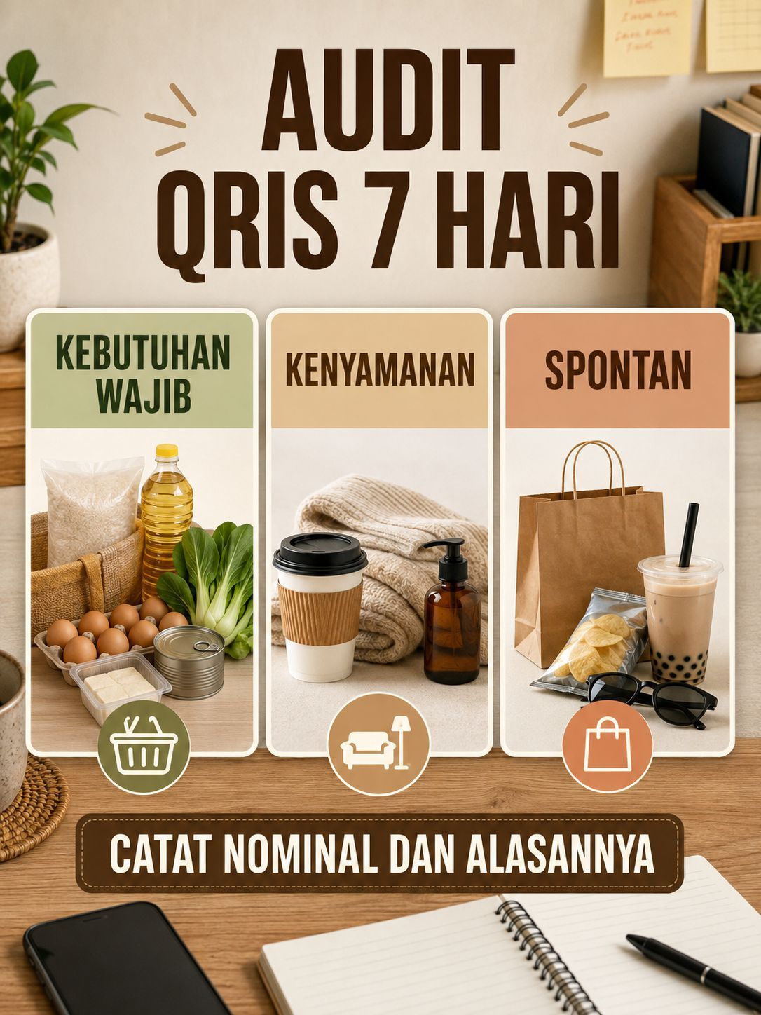 Infografik audit pengeluaran QRIS selama tujuh hari dengan tiga kategori sederhana