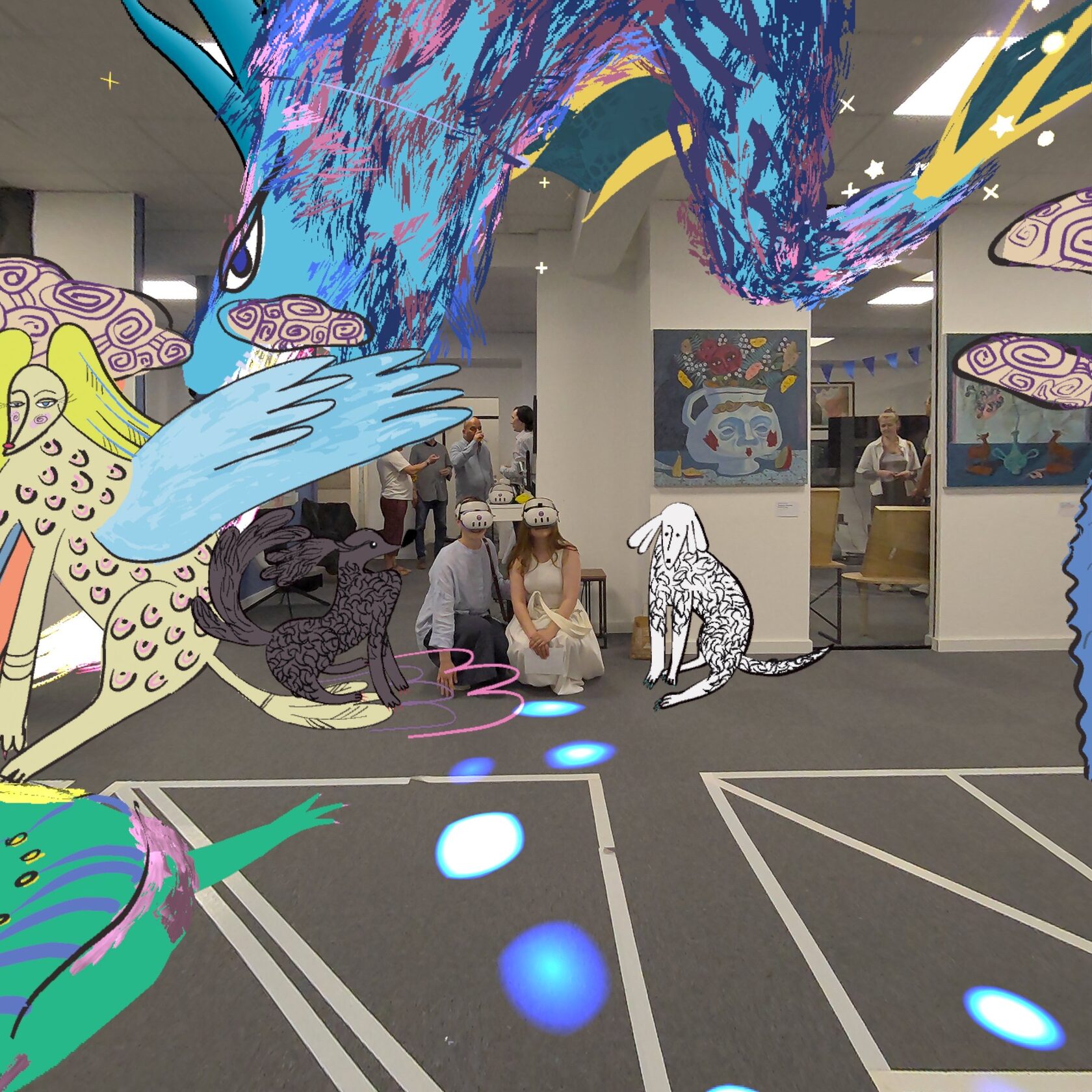 Visitors in headsets among the canvases