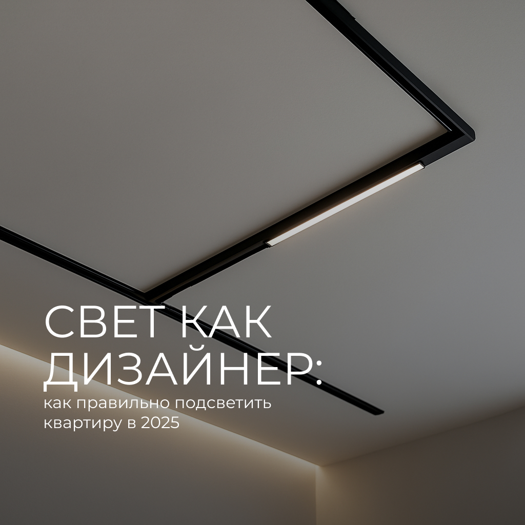 Современный интерьер с многоуровневым освещением: трековые светильники, декоративная подсветка и мягкий рассеянный свет, зонирующий пространство на рабочую и уютную зону отдыха.