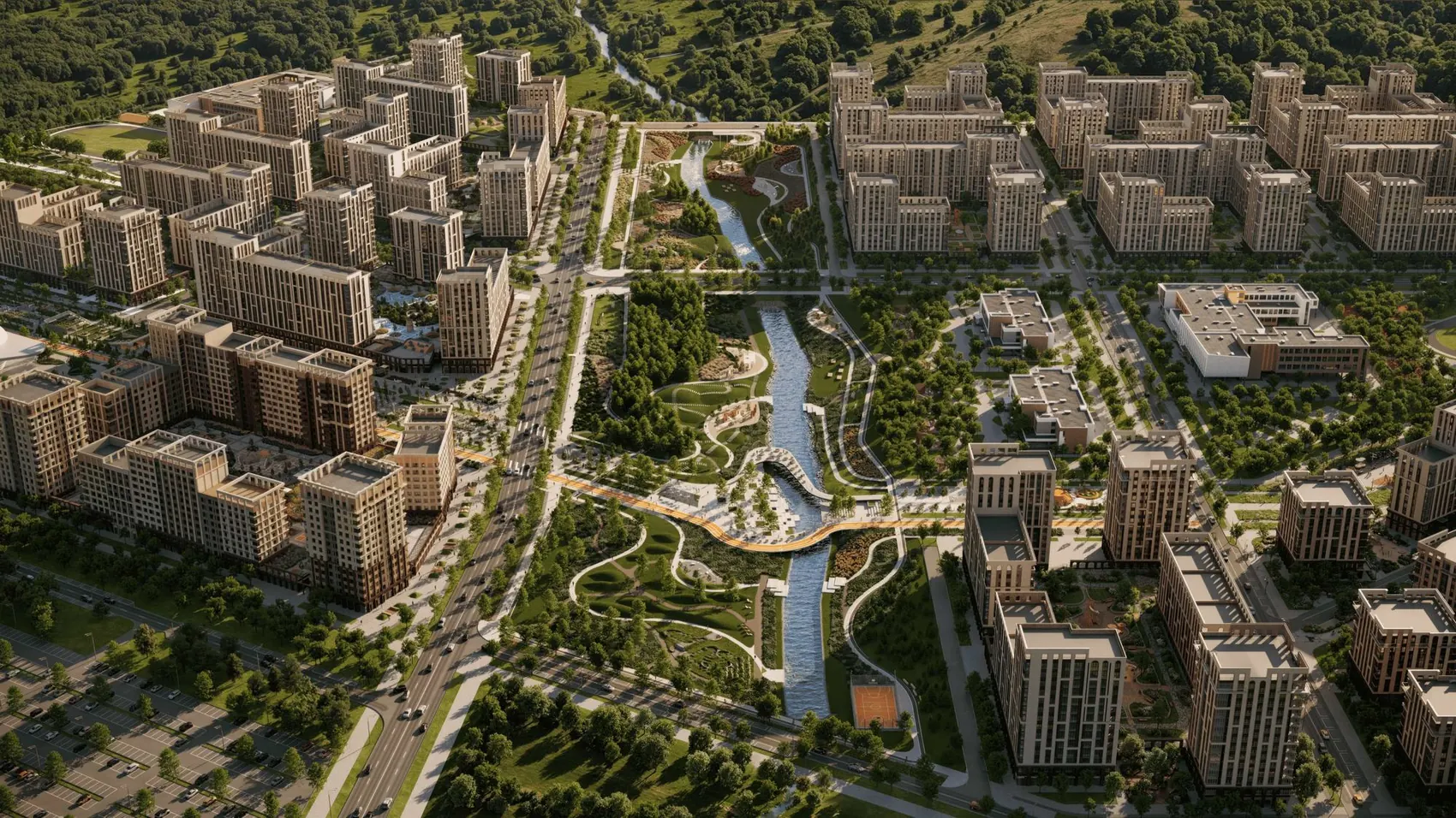 Кварталы ЖК Нагория и парк с рекой с высоты