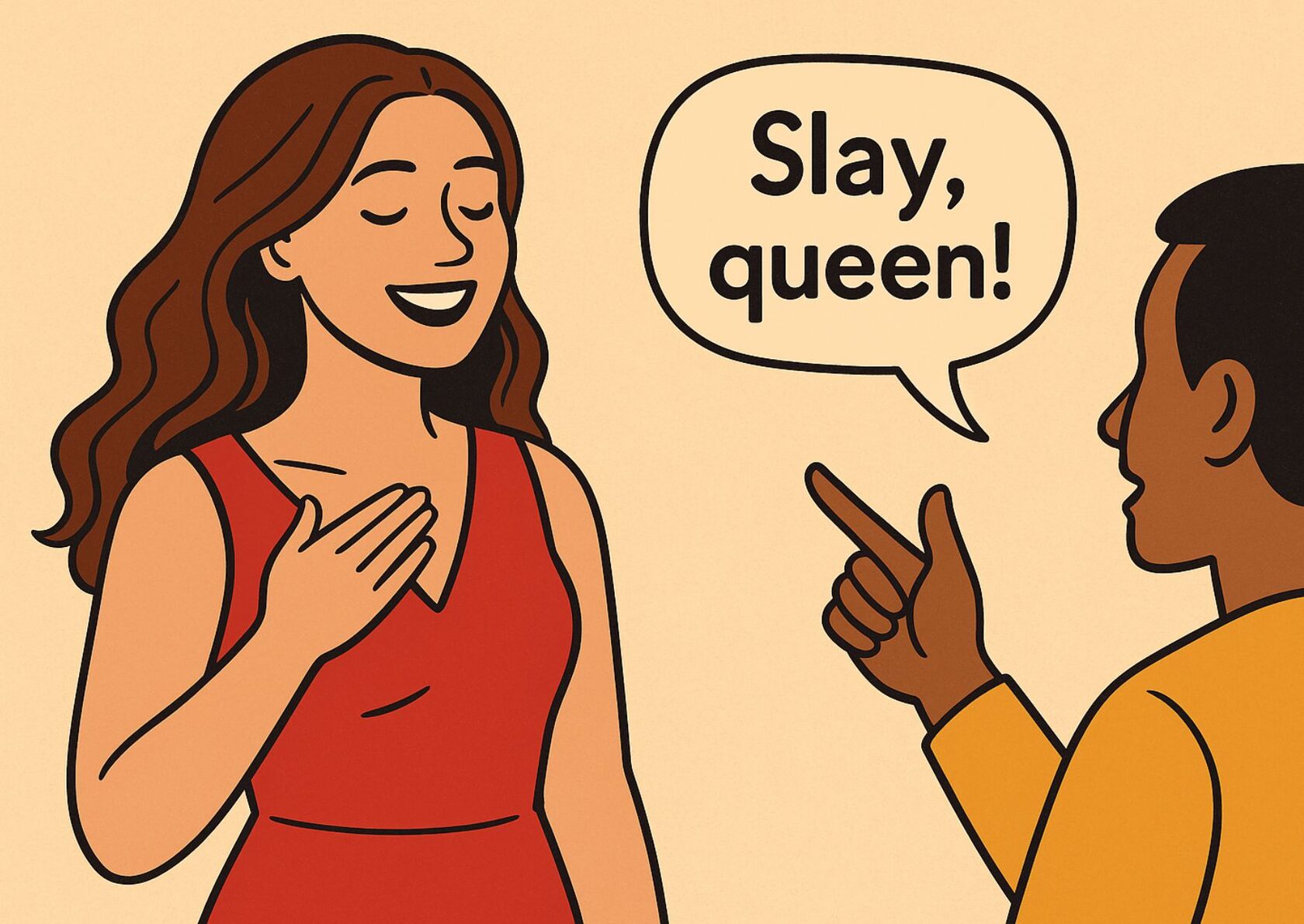 Комиксовая иллюстрация: парень восхищённо говорит девушке «Slay, queen!» — пример употребления слова slay в значении «сразить наповал» или «зажечь».