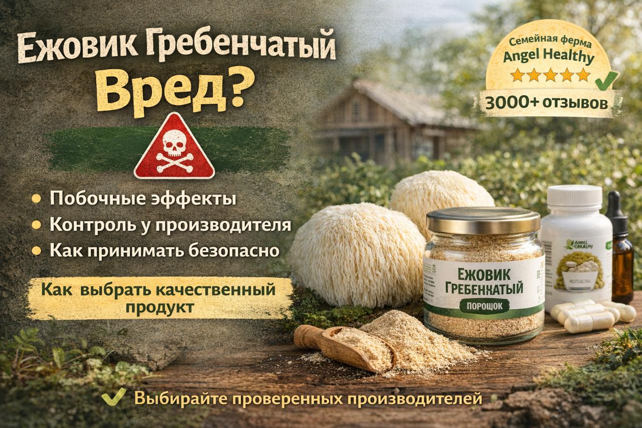 Ежовик гребенчатый вред и безопасность: порошок, капсулы и экстракт Angel Healthy на фоне семейной фермы, советы по выбору производителя