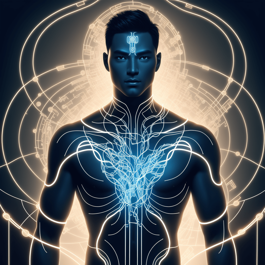 an artistic digital illustration of an advanced male android with a dark complexion, he has intricate circuits and pathways lit up with glow within his body, add decorative elements of vines and geometric shapes merging with his form