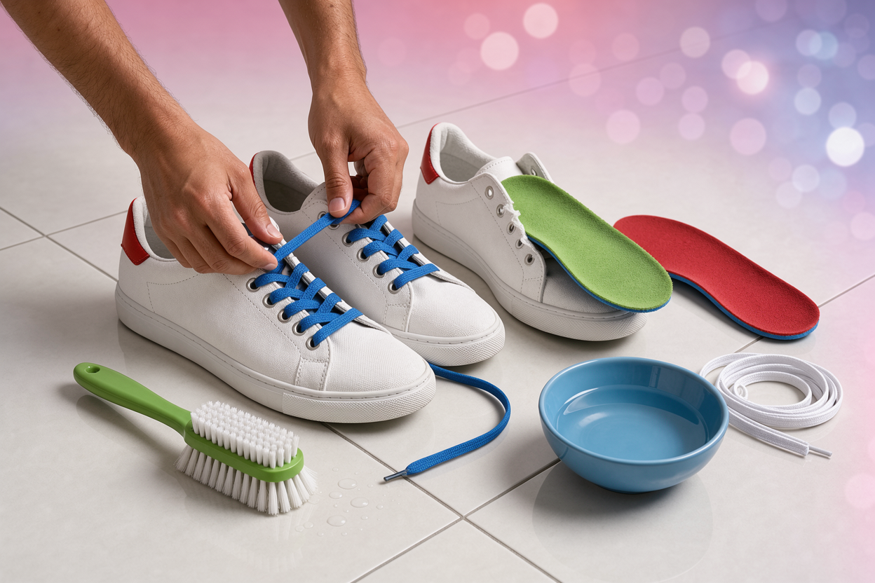 cleaning preparation scene: hands removing laces and insoles from fabric sneakers on a tiled floor with a soft brush and a small bowl of water (no branded products)