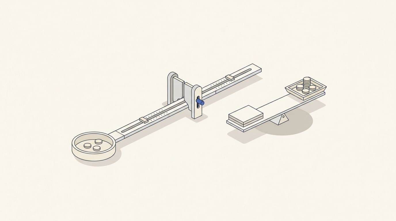 Coins beside an adjustable ad channel and a balance holding a client card and cost tray.