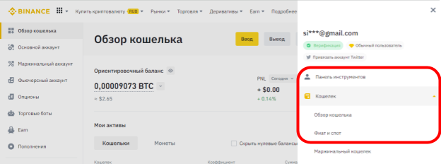 интерфейс биржи Binance, вывод криптовалюты с Binance