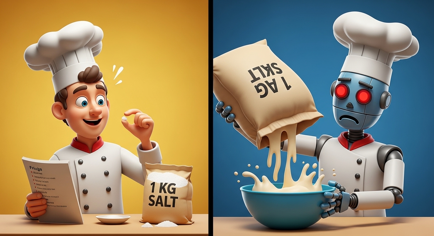 Объяснение программирования для детей: человек-повар исправляет ошибку в рецепте, а робот-повар (компьютер) буквально выполняет команду и сыплет 1 кг соли.