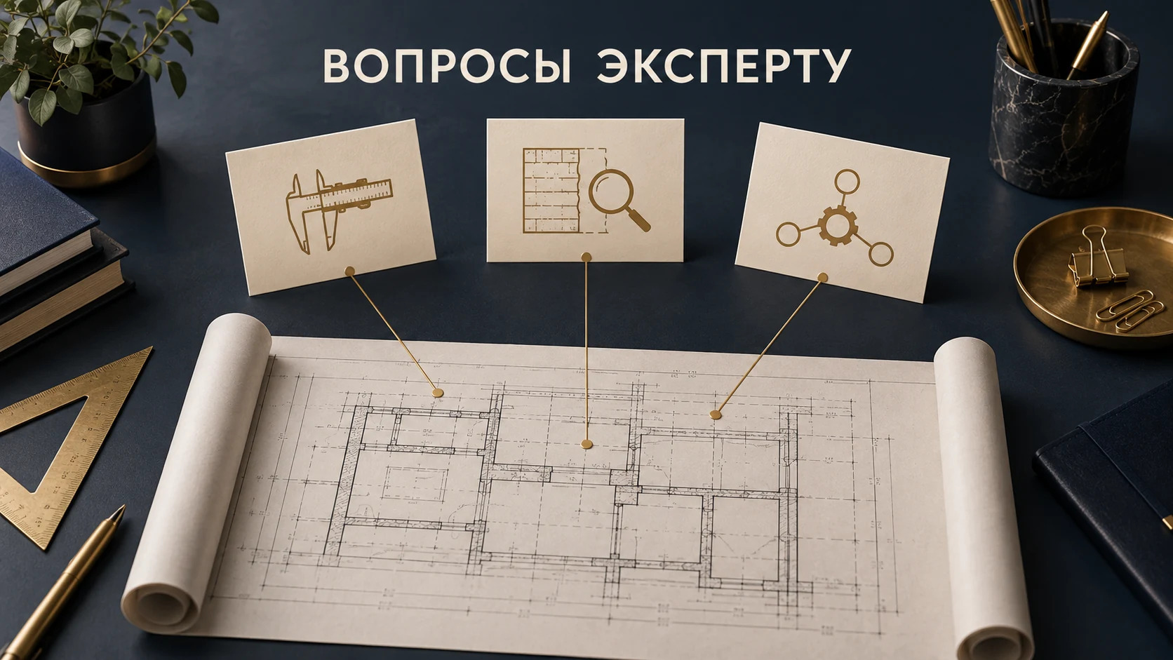 Концептуальная иллюстрация подготовки вопросов эксперту: три карточки и технический чертёж