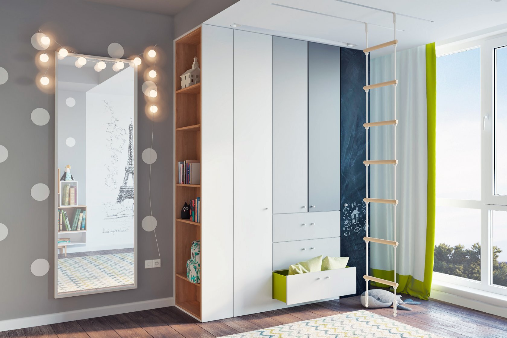 Chambre enfant lumineuse avec armoire blanche et échelle de jeux