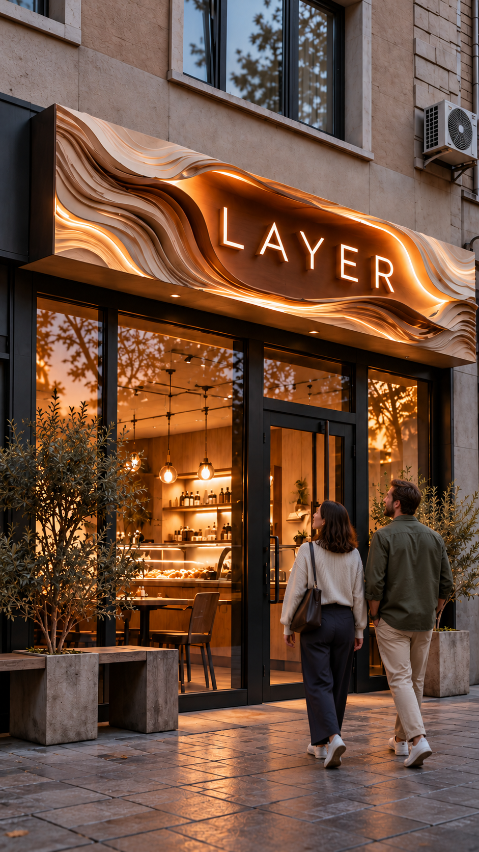 LAYER — скульптурная вывеска, посетители у входа