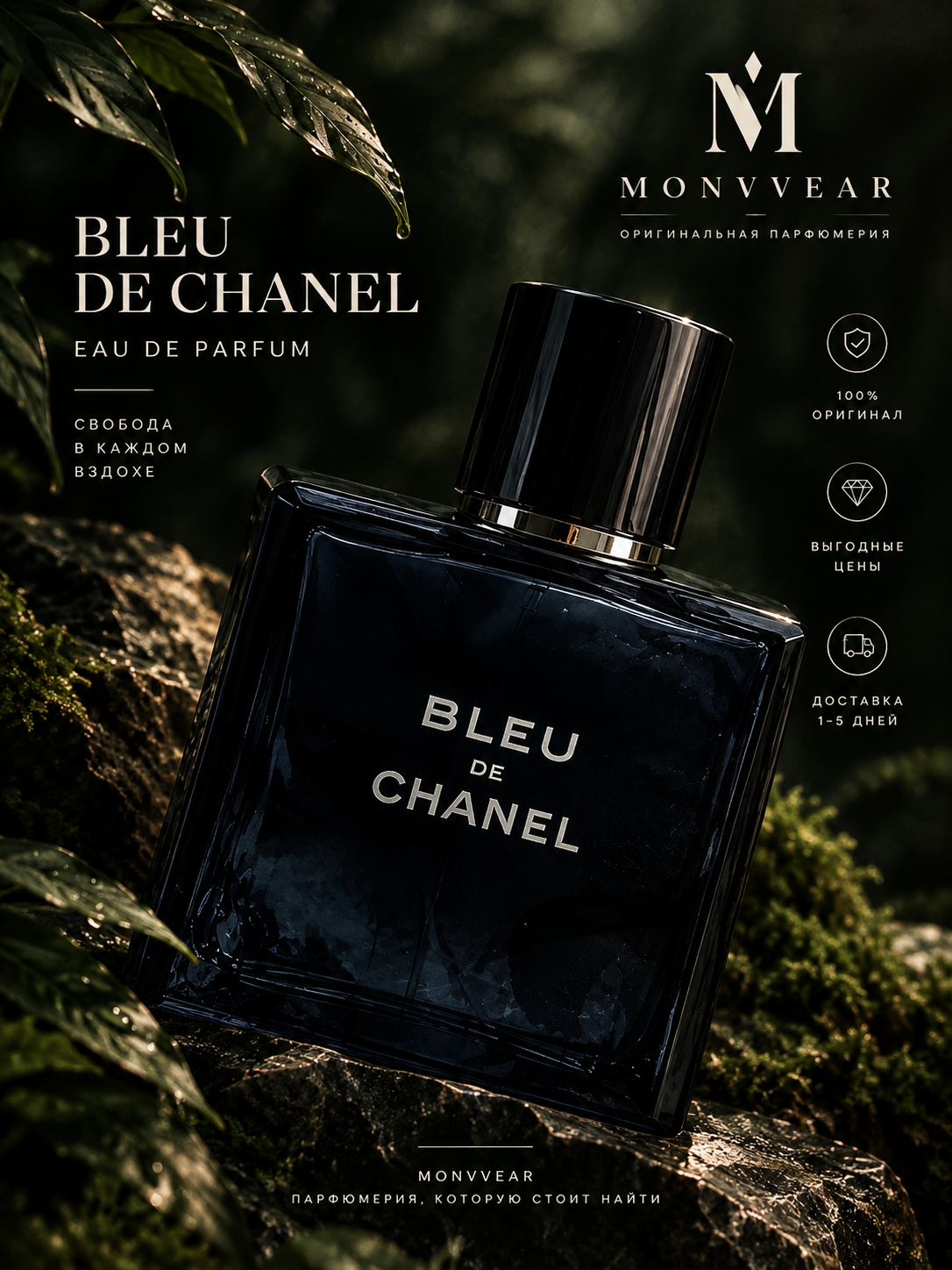 Флакон Bleu de Chanel Eau de Parfum на фоне мшистых камней