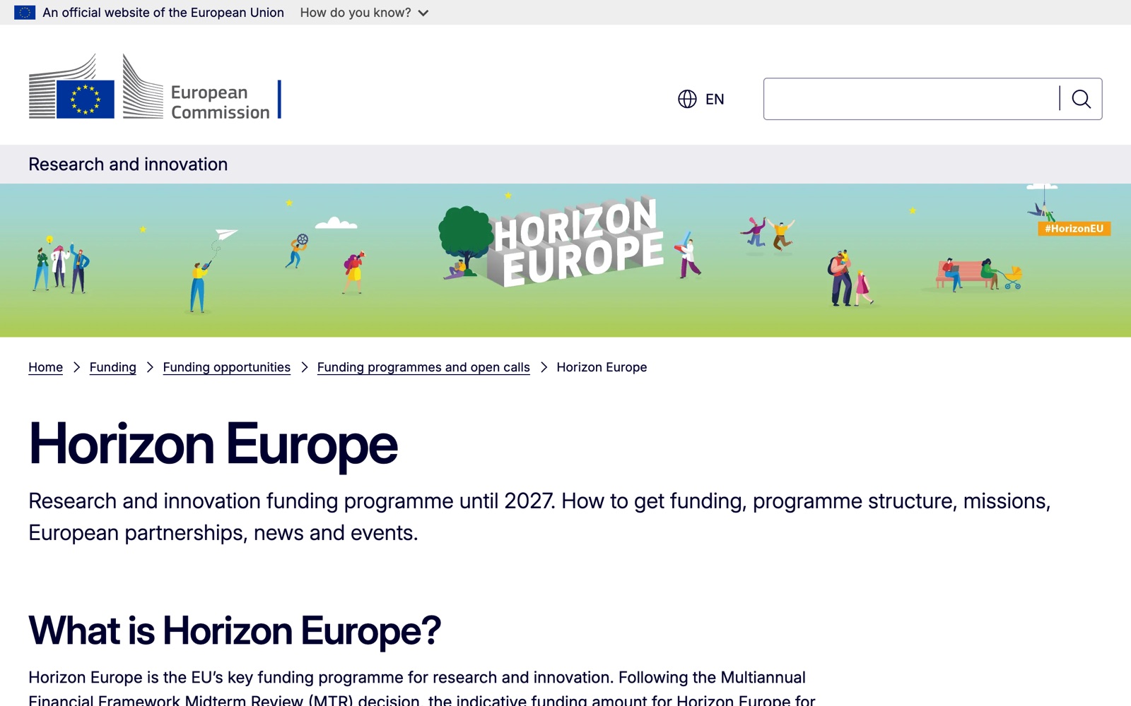 Horizon Europe official page screenshot: European Commission research and innovation funding programme