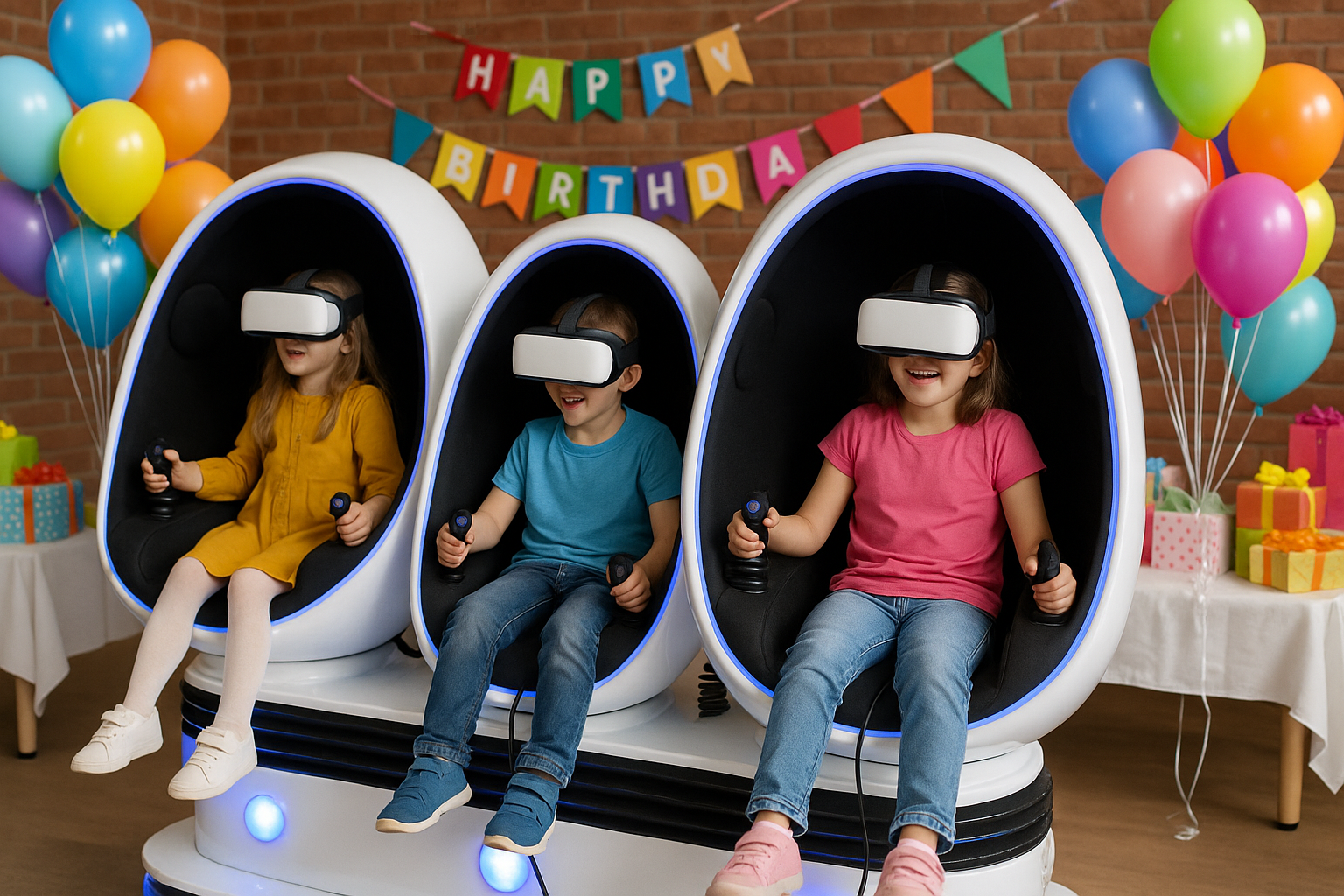 Дети в VR очках играют в безопасные виртуальные аттракционы на детском празднике в VR клубе Москвы