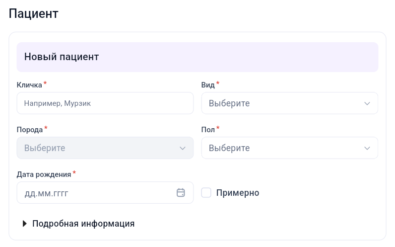 Блок Пациент при создании карточки владельца