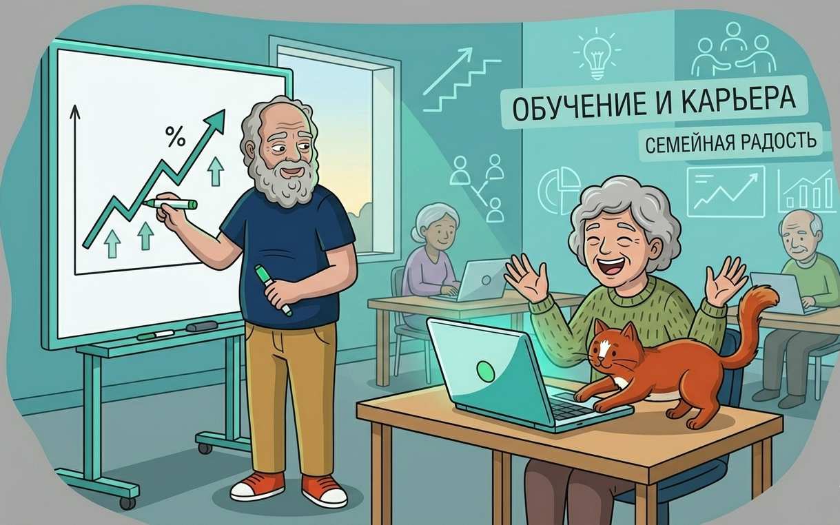 Сократ обучает пожилую женщину с ноутбуком, кот Платон рядом, символизируя серебряную экономику и ДПО