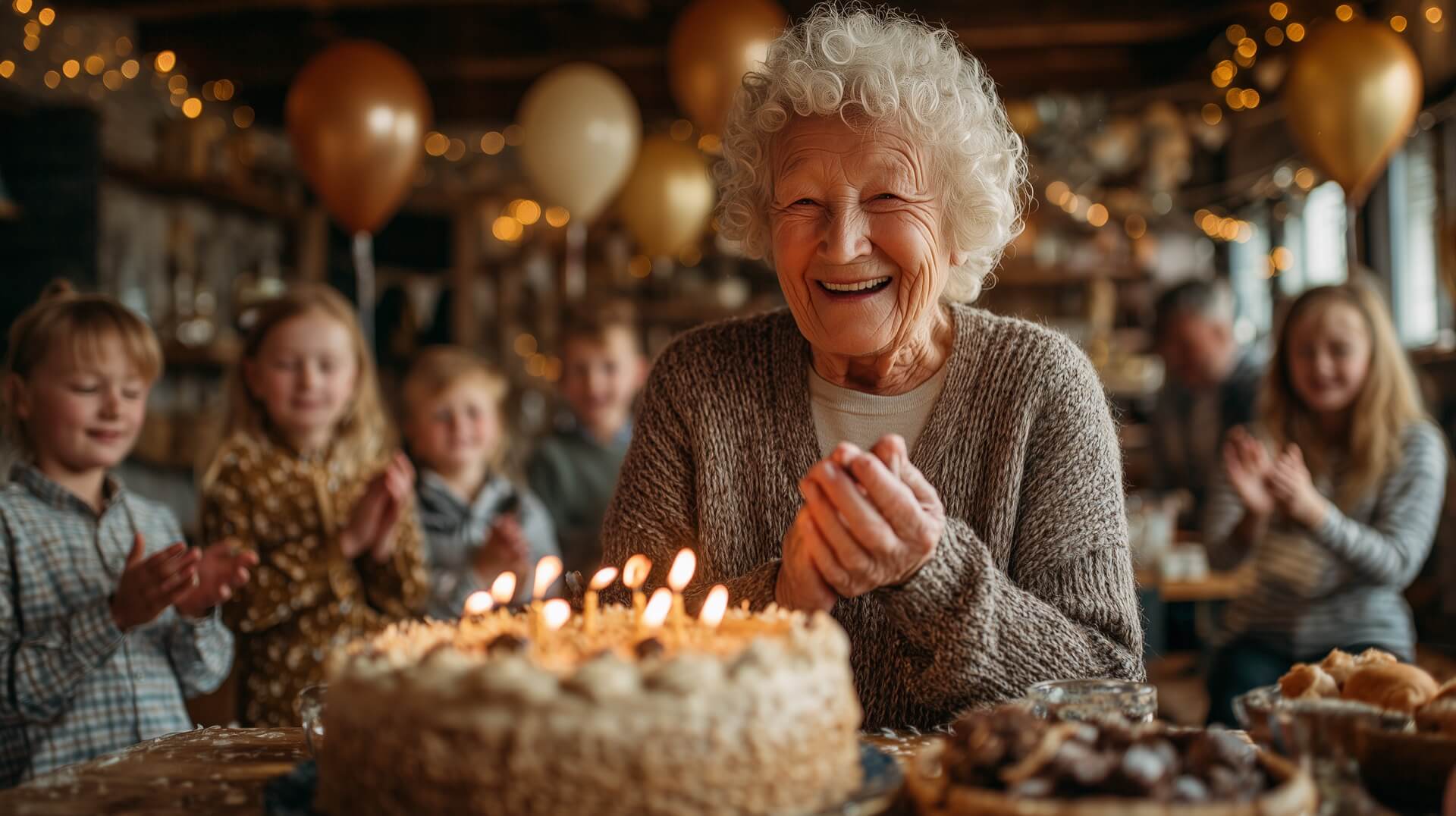 Счастливая семья из нескольких поколений аплодирует юбиляру, который растроганно слушает песню в свою честь.