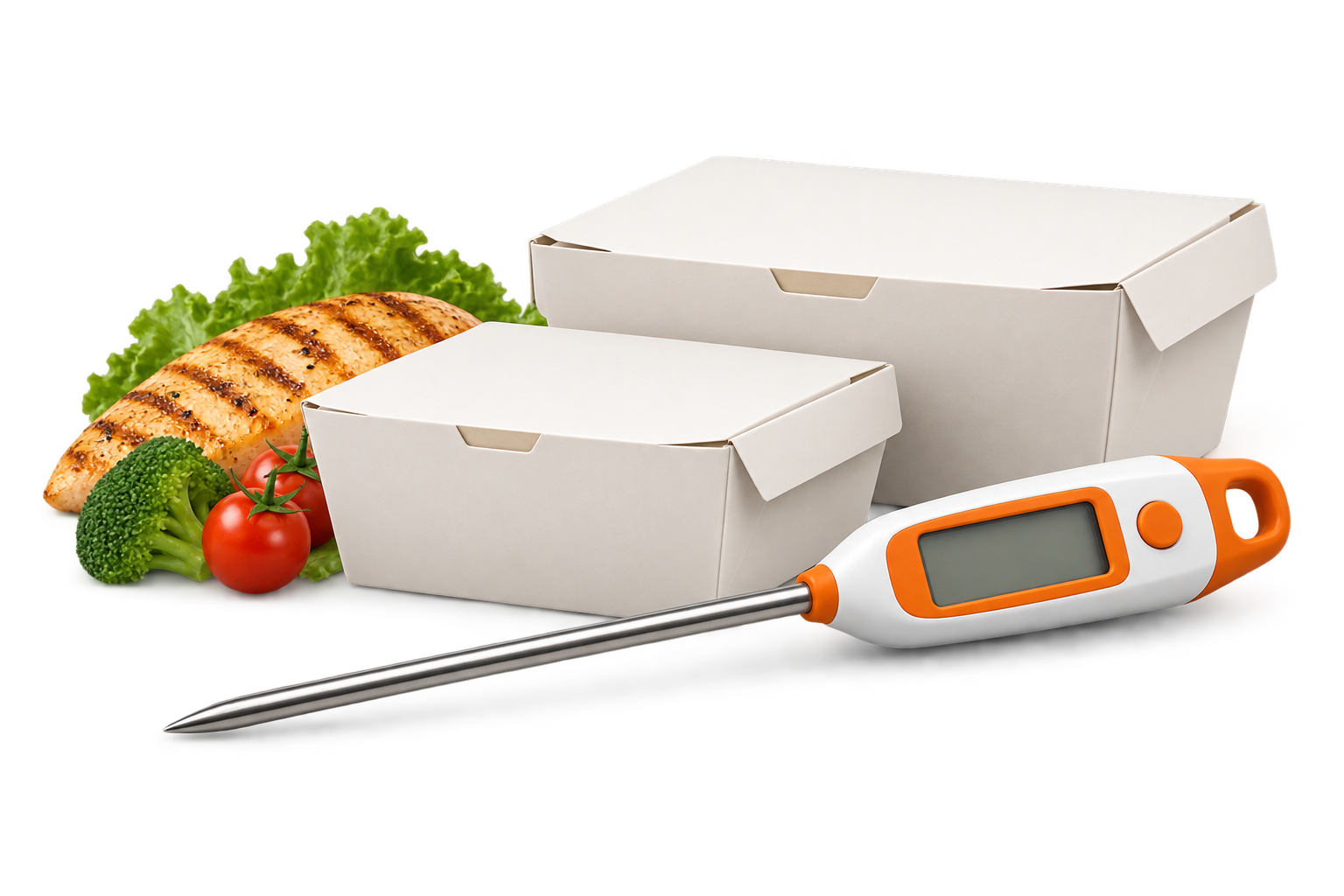 Термометр рядом с закрытыми коробками продуктов — иллюстрация