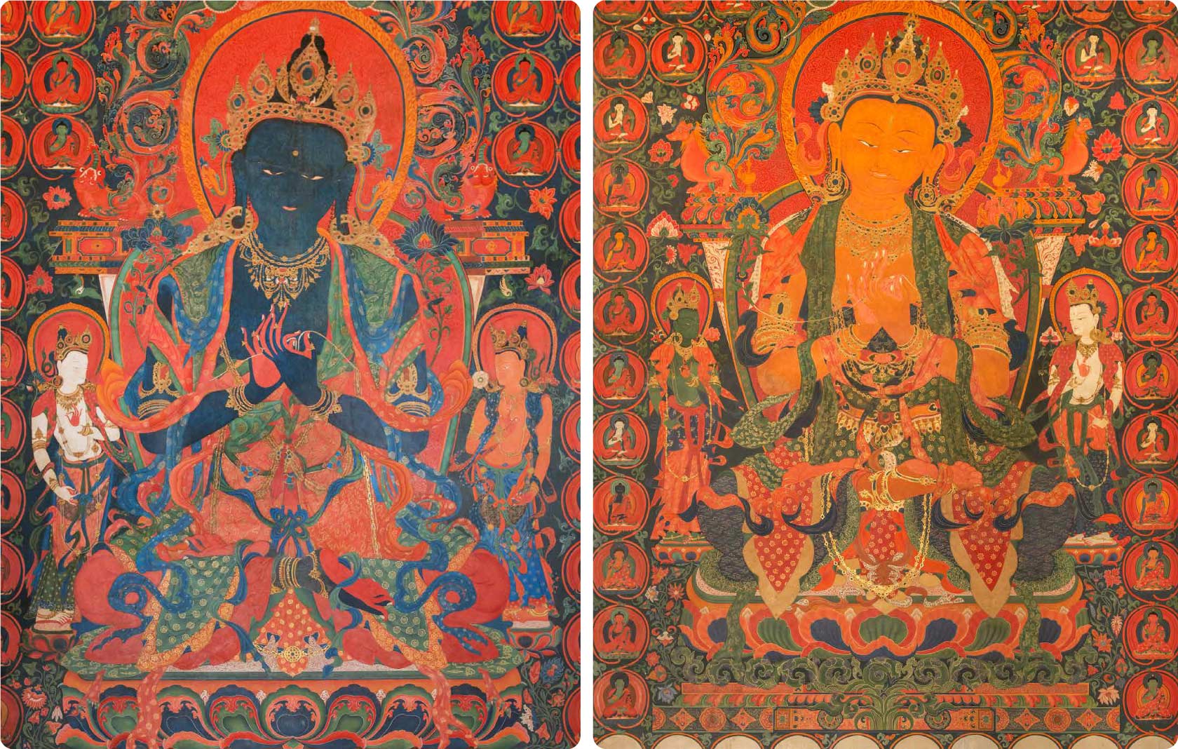 Росписи восточной и южной стен Тубчен Гомпа в Ло-Мантанге: синий бодхисаттва и бодхисаттва Майтрея