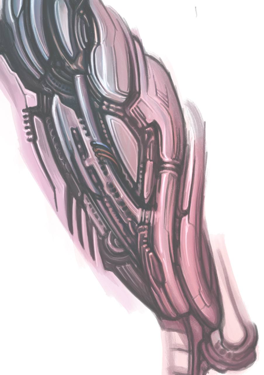 Futuristic biomechanical and organic tattoo design with detailed metal elements, pistons, and pink gradient shadows, Los Angeles