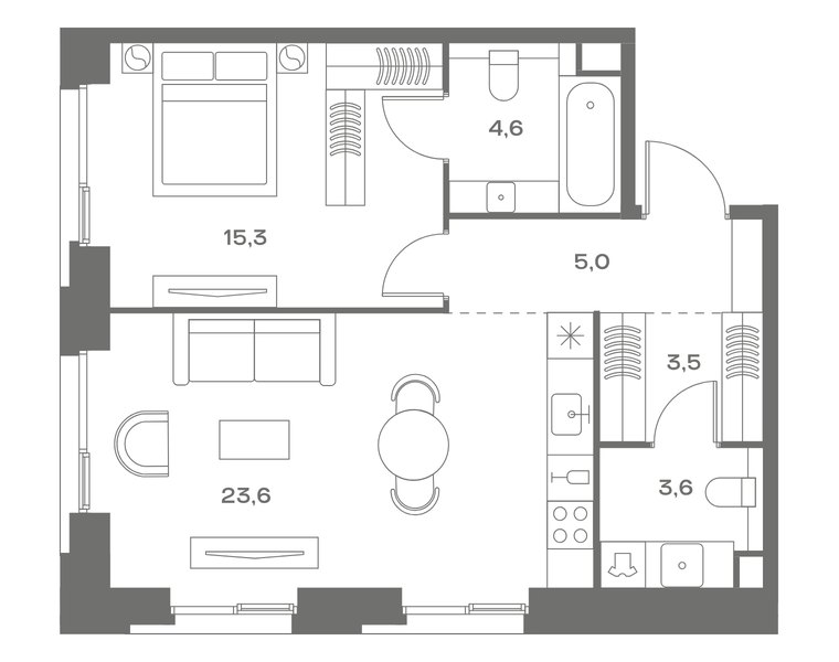 Планировка квартиры с 1 спальней 55,6 м² в ЖК Soul: корпус 7, секция 1, 9-й этаж