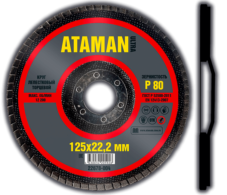 абразивный круг лепестковый Ø125 × 22,2 мм P80 для обработки поверхностей TM ATAMAN