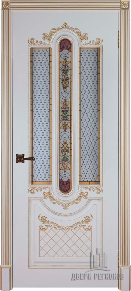 Дверь межкомнатная Александрия Патина золото остекленная, цвет Эмаль слоновая кость RAL 9001