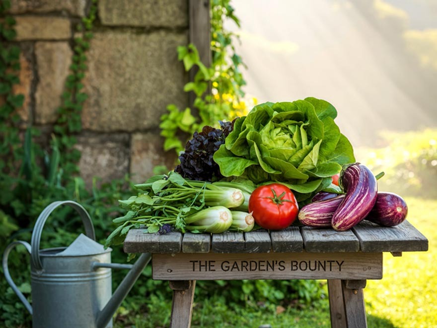 Freshly harvested vegetables including lettuce, tomato, and eggplant displayed on a wooden table labeled "THE GARDEN'S BOUNTY," with a watering can nearby, set in a sunlit garden environment.