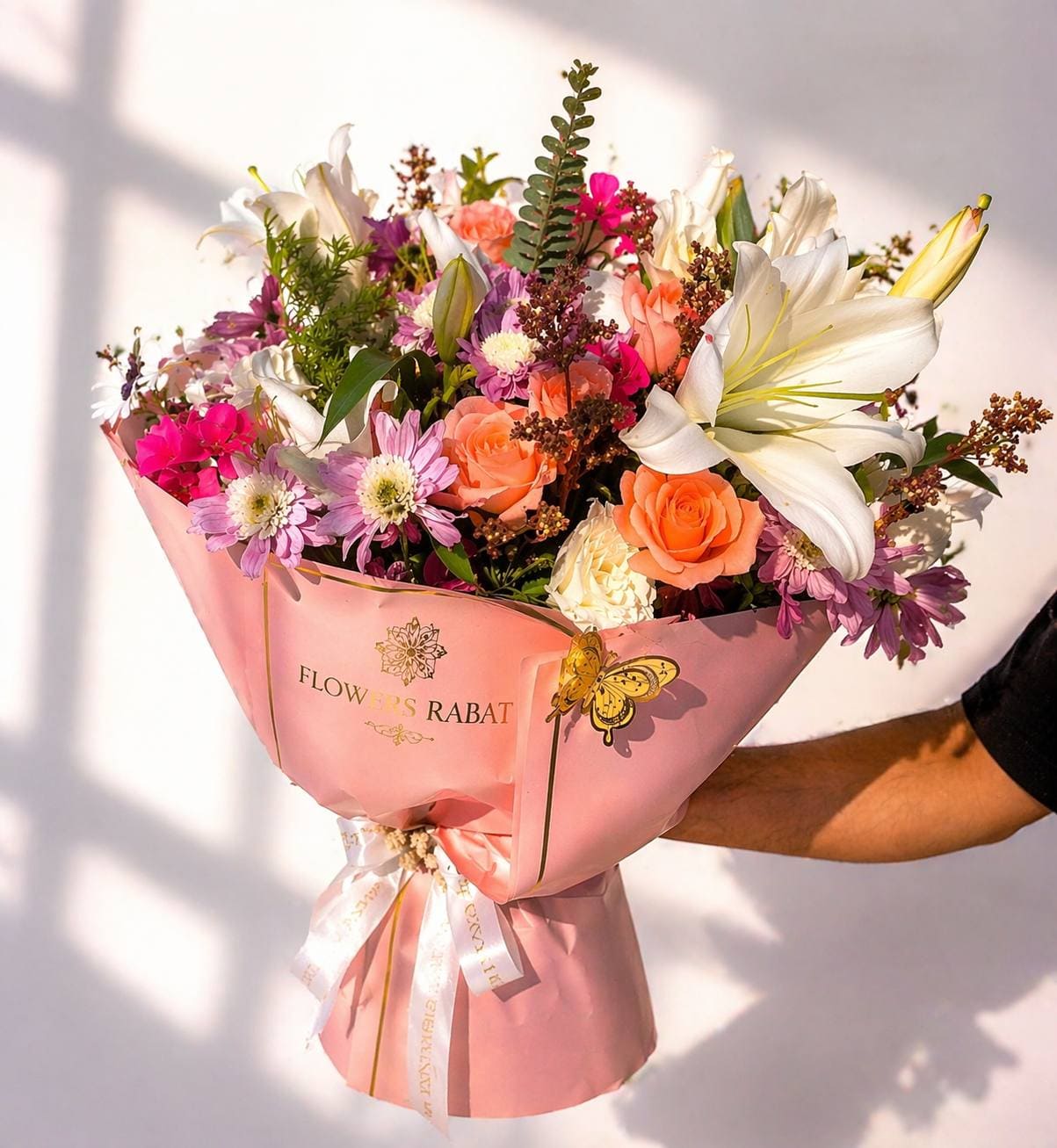 Custom luxury flower bouquet with lilies and roses for delivery in Morocco by Flowers Rabat
