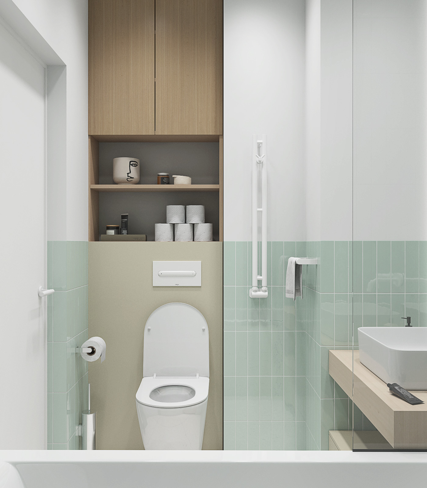 Светлая ванная комната с белыми смесителями. мятная плитка на стене в ванной и белый керамогранит. Подвесной унитаз и полки за унитазом 