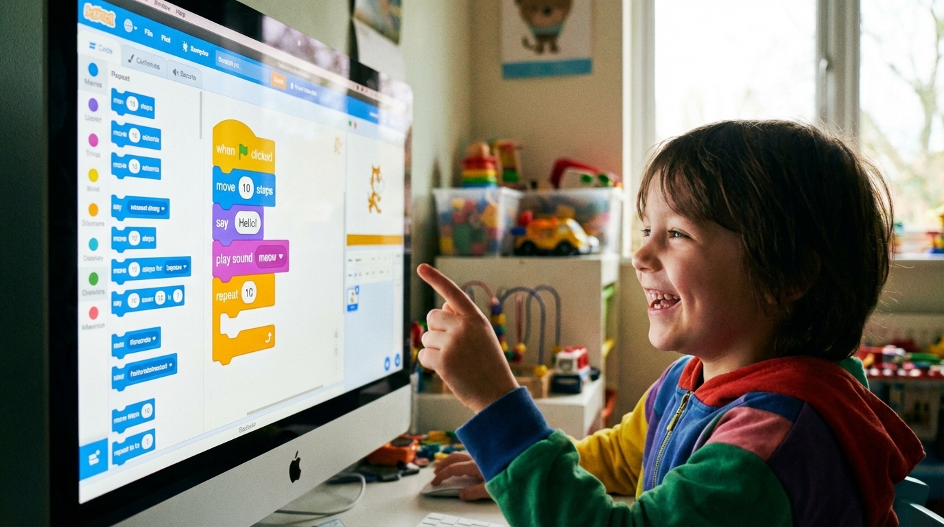 Подросток радостно пишет код для игры в среде программирования Scratch