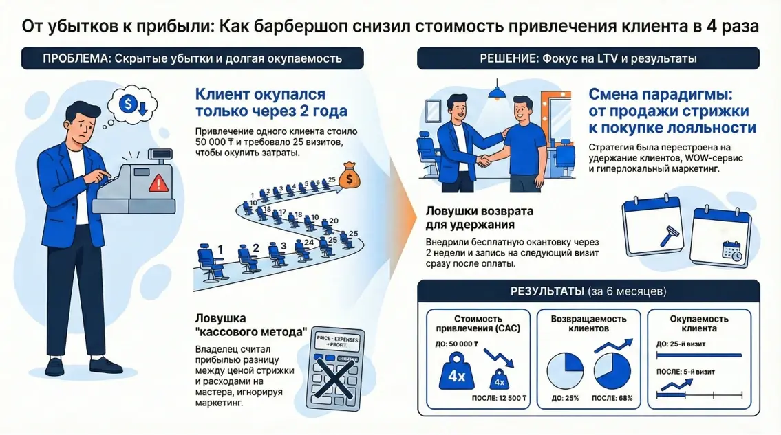 Инфографика: кейс барбершопа по снижению стоимости привлечения клиента в 4 раза и переходу от убытков к прибыли.