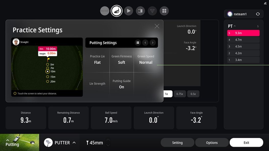 Настройки тренировки Putting