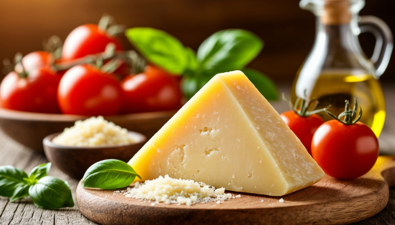 Кусок сыра Пармезан на деревянной доске, рядом тертый сыр, свежие помидоры черри, листья базилика и бутылка оливкового масла на фоне.
