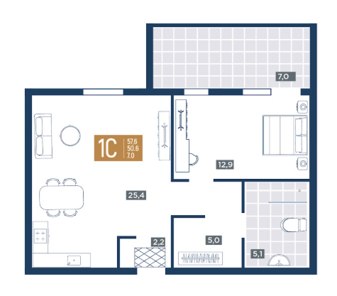 Планировка 1-комнатная 57.6 м²