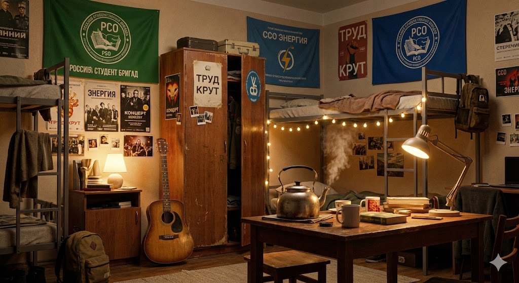 Атмосфера студенческого общежития с атрибутикой отрядов