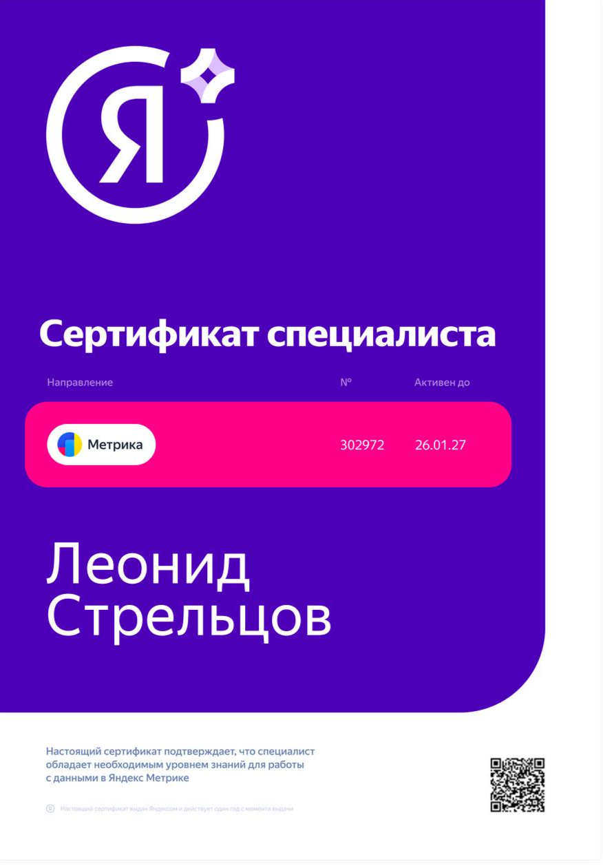 Сертификат специалиста Яндекс Метрика — Леонид Стрельцов