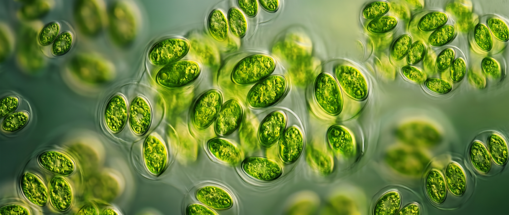 Светло-зелёные микроводоросли Chlorella под микроскопом