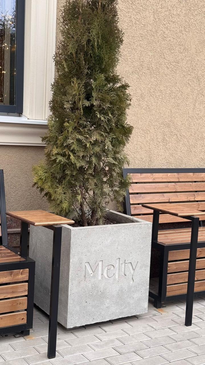 Скамейка рядом с бетонным кашпо с хвойным растением