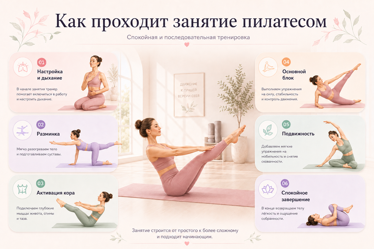 Как проходит занятие пилатесом: последовательность тренировки от настройки до завершения
