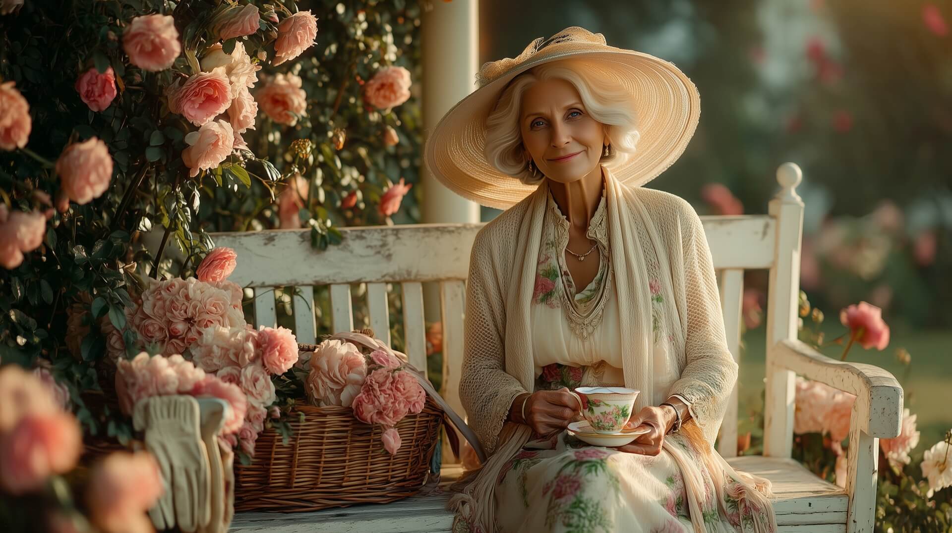 Пожилая мама (80 лет) на юбилее, в окружении семьи, сияет как солнце. На фоне дача, помидоры, цветы.