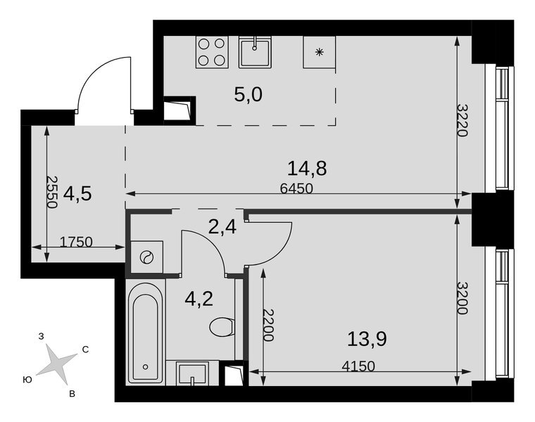 Планировка 2-комнатной квартиры 44,8 м² в ЖК «Амбер Сити»: корпус 6, секция 1, 3-й этаж