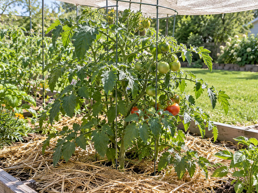 A mulched, shaded tomato plant recovering from heat stress
