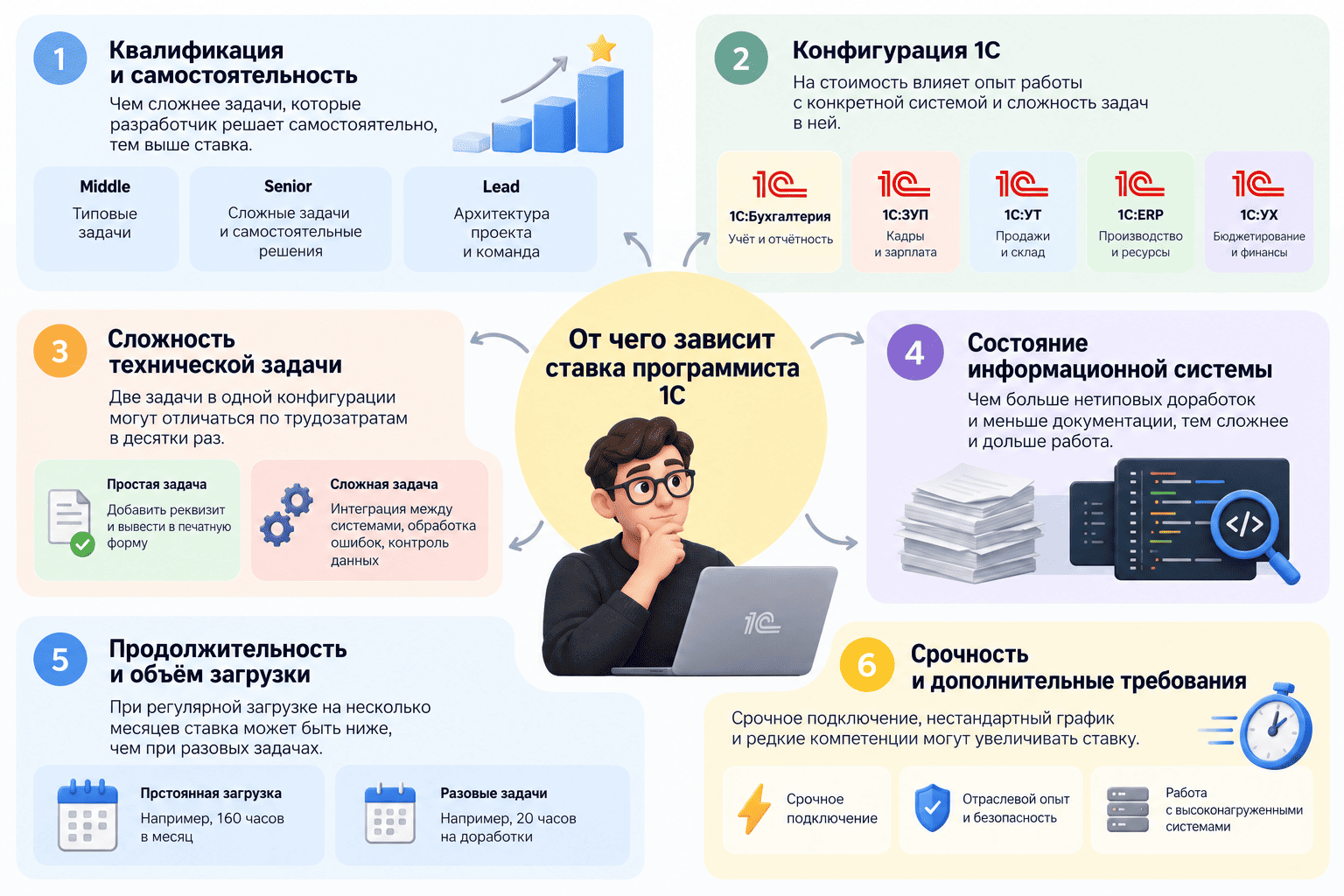 От чего зависит ставка программиста 1С в 2026 году: 6 факторов, влияющих на стоимость часа разработчика.